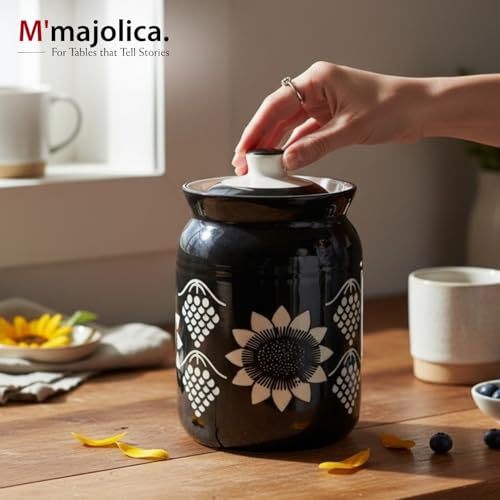 Image of Black Grapes Printed Ceramic Handglazed Pickle Jars Set of 1-1000 ML Each | 1 kg Achaar Martban Barni Jar with Lid | Ceramic Storage Jar Container Pickle, Chatney