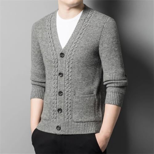 Men's V-Neck Warm Cardigan Single-Breasted Slim Stretchable Vertical Striped Long-Sleeved Sweater3