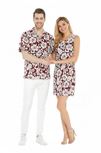 Image of Matchable Couple Hawaiian Luau Men Shirt or Women Tank Dress in Classic Vintage Hibiscus