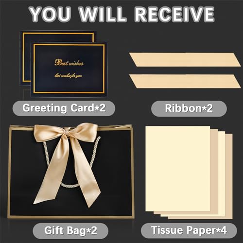 Image of JMANNI Gift Bags with Handles, 11 inch Small Gift Bag for Presents, 2 Pcs Bags with 4 Tissue Paper and 2 Cards for Baby Shower Wedding Bridal Shower Mother's Day Birthday Party (Golden-Black)