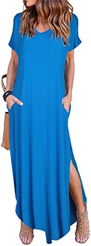 Arolina Women Summer Maxi Dress Short Sleeve V Neck Casual Loose Long Split Dresses Beach Vacation Sundress with Pockets