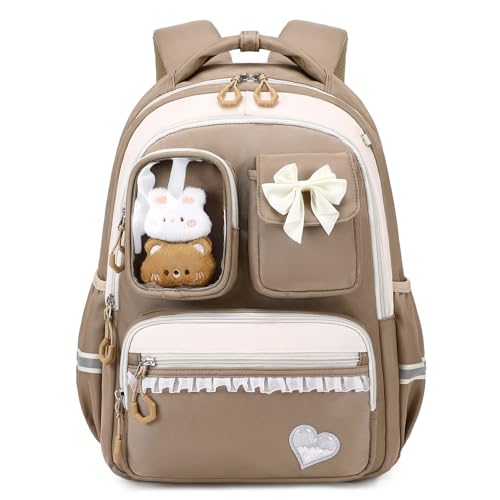 Amythe Schultasche Mädchen Rucksack Kinder, Atmungsaktiv und Bequem Schulrucksack für Mädchen 1. - 5. Klasse, Mode School Bag for Girls mit Reflektierend, 22 Liter, Braun