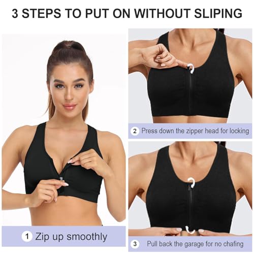 Women's Zip Front Sports Bra - Wireless Medium Support Yoga Bra with Removable Pads4