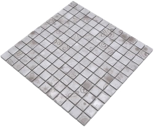 Retro Vintage Mosaik Fliese Keramik grau beige WAND BAD WC DUSCHE KÜCHE FLIESENSPIEGEL, Mattengröße: 298x298 = 0,09 qm, Steingröße: 23x23x6-1 Matte