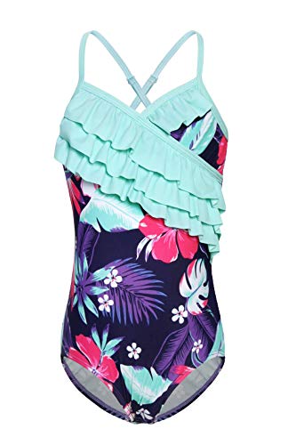 Jurebecia meninas Uma Peça de Fato de Nado Cruzada Floral Padrão Floral Bolo Azul Bolo Vestido Hem,1