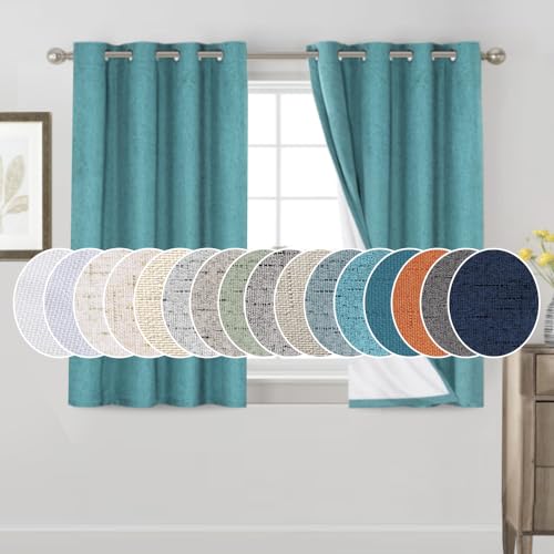 Image of PrinceDeco Primitive Textured Linen 100% Blackout Curtains for Bedroom /Living Room Energy Saving Window Treatment Curtain Drapes, Burlap Fabric with White Thermal Insulated Liner (52 x 54 Inch, Teal)