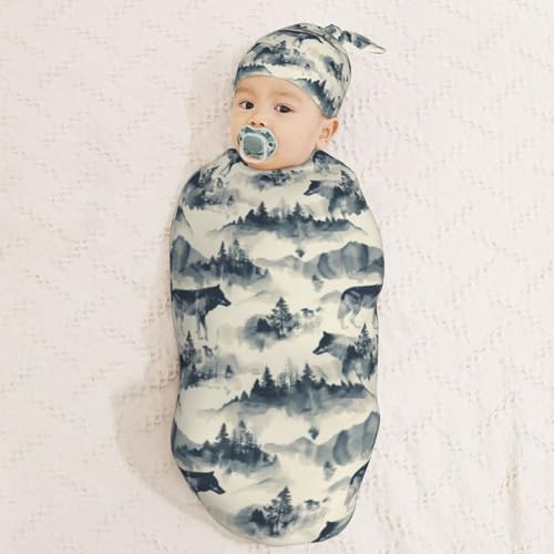 Image of Wolf and Mountain Newborn Swaddle Blankets Hat Sets Soft Baby Receiving Blanket Swaddle Sack for Baby Shower Infant Boy Girl Gift