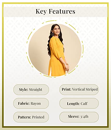 Image of rangita Yellow Rayon Calf Length Striped Straight Kurti for Women | Kurta for Women