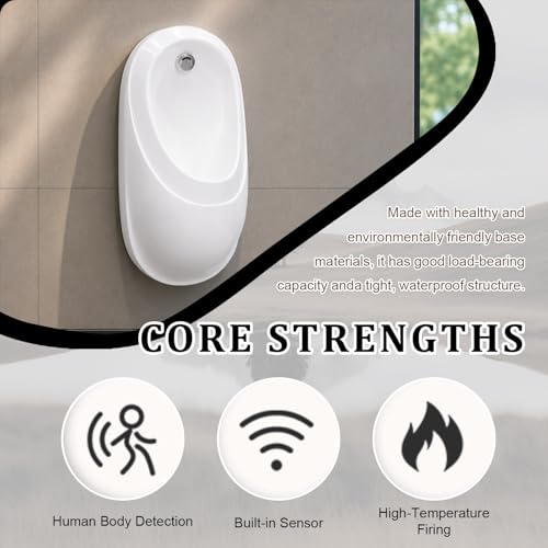 Urinal de pared para hombres con sensor inteligente y diseño ahorrador de agua, urinal de cerámica con descarga oculta, para baños, hoteles y baños públicos (presión manual, 68 cm / 26,8 pulgadas) miniatura 4