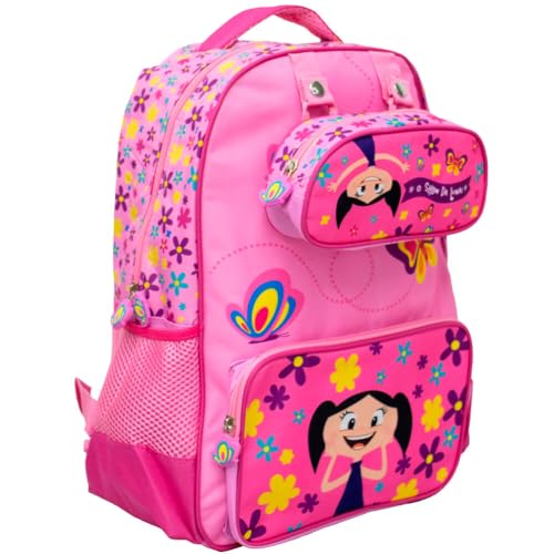 Mochila Escolar Show da Luna, Infantil com Estojo, Rosa com Flores e Borboletas