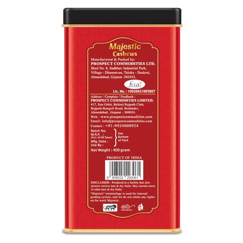 Image of DRIFRUTZ Majestic Cashew W180 | 400g Tin Pack | Whole Cashew Kernels | Suitable for Gourmet Preparation, Thoughtful Gifting, Tasting Platters, and Protein-Rich Indulgence