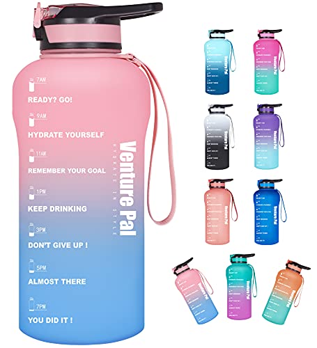 Venture Pal Large Half Gallon/64oz Motivational Water Bottle with Time Marker & Straw, Leakproof BPA Free Water Jug to Remind You Drink More Water, Hydrate in Style-Pink/Blue Gradient