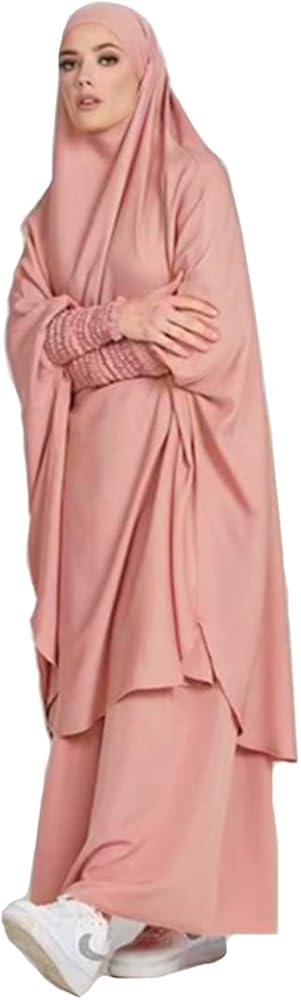 Women Muslim 2 Set Solid Color Plus Long Sleeve Thobe One-Size Longuette Overall Abaya Thobe with Hoodied Hijab