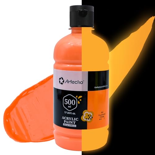 Image of Artecho Orange Glow in the Dark Acrylic Paint 500ml / 17oz Large Bottle | Semi Glossy Finish, High Pigment Rich Color Craft Paint for Canvas, Rocks, Wood, Fabric, Ceramic, Non-Toxic