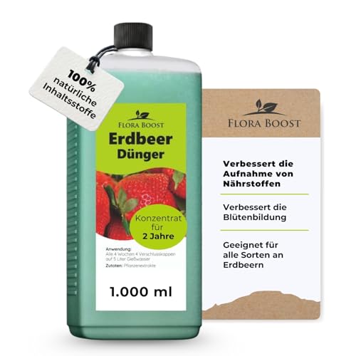 Konfitee Erdbeer Dünger Flora Boost 1000ml I Für bis zu 200L Gießwasser I Obst- & Beerendünger für Erdbeeren I Flüssiger Blatt- & Wurzeldünger I 100% natürlicher Pflanzendünger