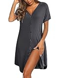 Ekouaer Women's Button Down Nightgown Short Sleeve Sleepshirt V Neck Night Shirt Soft Pajamas Dress with Pockets Dark Grey Medium