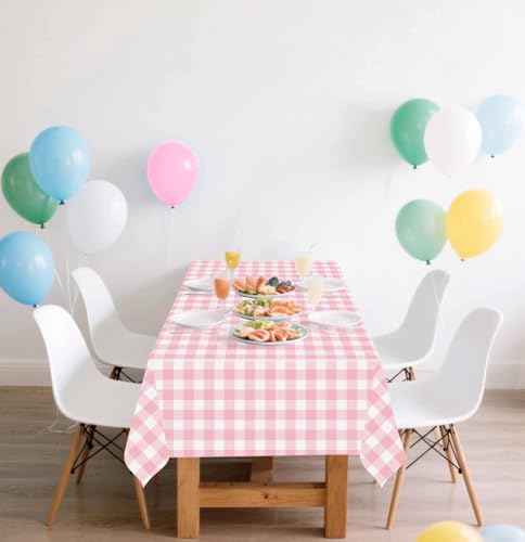 Image of SietDESEO 6 Pack Light Pink Gingham Tablecloth Rectangle 54 x 108 Pink and White Checkered Table Cloth Disposable Plaid Table Cover Plastic for Birthday Baby Shower Picnic Wedding Party Supplies