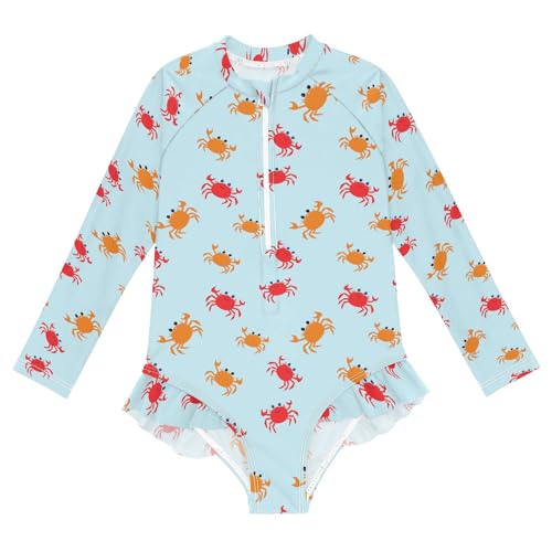 Simple Cute Crab Girls One Piece Rash Guard Swimsuit Kids Bathing Suit with UPF 50+, Girls Long Sleeve Swimwear for 3-12Y
