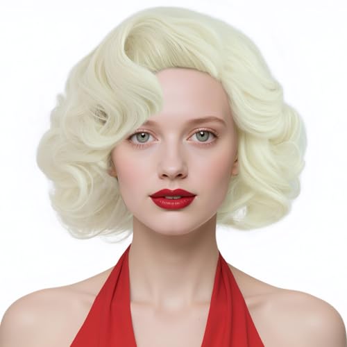 BESTBEL+Hair Cap Curly Blonde Wig 1920s Blonde Wig Flip Short Platinum Wigs for Women Big Wavy Hair Vintage 1950s Wig for Halloween Cosplay Outfit Christmas Costume Party Themed Night