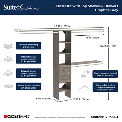 Image of ClosetMaid SuiteSymphony Wood Closet Organizer Kit with Tower, 3 Hang Rods, Top Shelves, 2 Drawers, Adjustable, Fits Spaces 5-9 ft. Wide, Graphite Grey