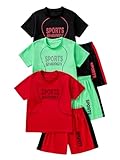 Plardeer Boys' 6PC Active Shorts Set T-Shirt Tee and Quick Drying Shorts Summer Athletic Sets Black Red Green 10Y