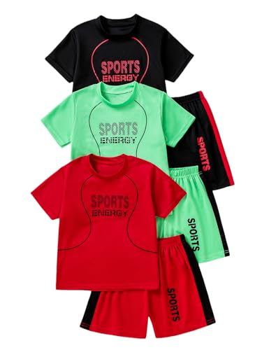 Plardeer Boys' 6PC Active Shorts Set T-Shirt Tee and Quick Drying Shorts Summer Athletic Sets Black Red Green 10Y