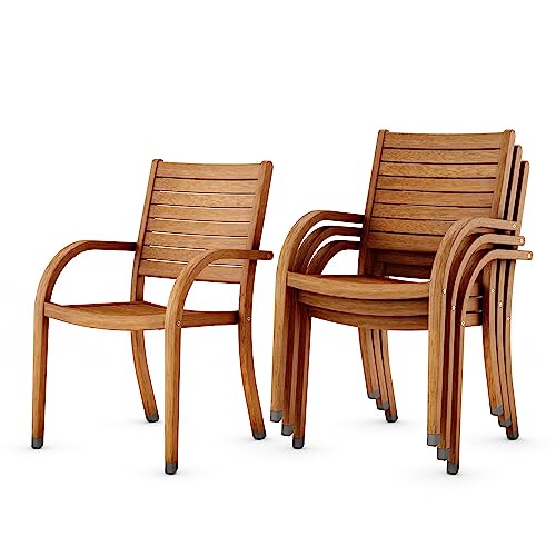 Amazonia Arizona 4-Piece Outdoor Stacking Armchairs Set | Eucalyptus Wood | Ideal for Patio and Indoors