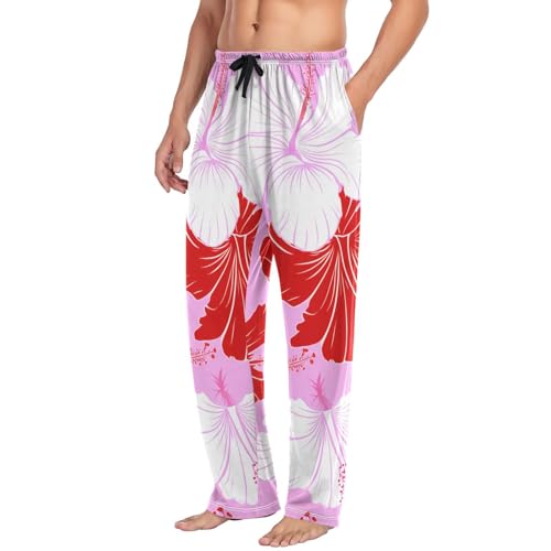 Men's Pajama Pants Red White Hibiscus Flowers Sleep Pajama Lounge Pant with Pockets, Elastic Waistband4