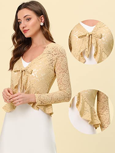 Image of Allegra K Bolero Shrug for Women's Lace Cardigan Tie Front Crop Ruffled Formal Dressy Wedding Shrugs