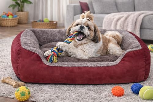 Image of SITSNOOZE Reversible Orthopedic Donut Dog Bed Large Size for Pets 10 to 20 kg Washable Cotton Sofa for Labrador, German Shepherd and Golden Retriever (Red & Brown, L)