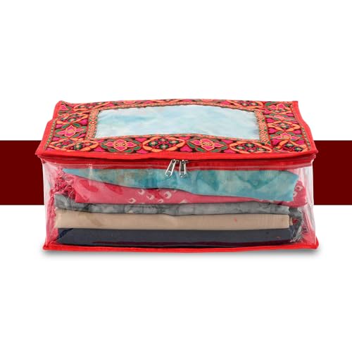 Image of Heart Home Pack of 12 Saree Storage Bag | 6 Inch | Wardrobe for Lehenga-Suit | Garment Clothing Cover | Lightweight-Portable Clothes | Chaudi Lace Printed | Red