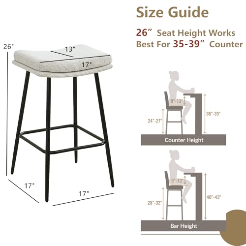Butacos sin respaldo de 26", juego de 3 unidades, asiento tipo silla de montar, cojín de doble capa, tapizado suave en bouclé, patas metálicas, capacidad de 350 lb, para isla de cocina miniatura 2