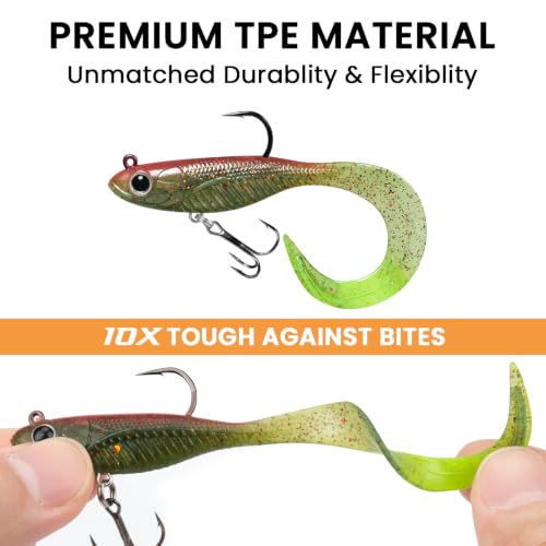 Image of TRUSCEND Duramax Easy Catch Soft Fishing Lures with BKK Hook, Trembly Sinking & Vibrating Swim for More Bites, Pre-Rigged Curly & T-Tail Swimbait for Bass, Trout, Crappie, Freshwater Saltwater Fishing