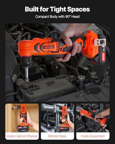 VEVOR Right Angle Drill, 3/8 Inch Chuck, 90 Degree Cordless Right Angle Drill with Brushless Motor, Battery, Charger, and Belt Clip, Adjustable Speed, for Fastening and Loosening in Tight Spaces thumbnail 2