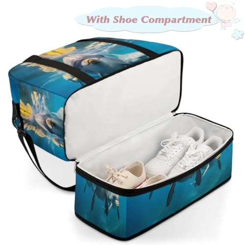 Travel Duffel Bags Cute Dolphin Foldable Weekender Bags for Women with Shoes Compartment Waterproof & Tear Resistant Carry on Overnight Luggage Duffel Bag Shoulder Sports Tote Bag4