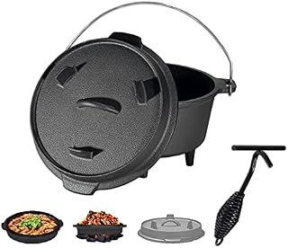 Velaze BBQ Dutch Oven Set, Burnt Cast Iron Fire Pot with Feet and Lid, Premium Cast Iron Pot with Handle, Cast Pot with Lid Lifter, Roasting Dish for Camping, Garden, 3.5 L + 1 L