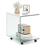 LIFEZEAL Tavolino da Divano in Vetro Temperato Curvato, con 4 Ruote, 2 Metodi di Utilizzo, Tavolino Laterale da Salotto, Caffè, Soggiono, Piccolo, Basso, Moderno, 39,5x45x48cm, Plexiglass, Trasparente