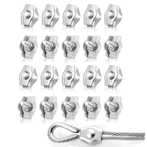 MEISO 20 Pezzi Morsetto per Fune Metallica M2, Morsetto per Cavo in Acciaio Inossidabile 304, 2 mm Morsetti per Filo Stendibiancheria, Corda Metallica Stendibiancheria in Corda D'acciaio Fissa