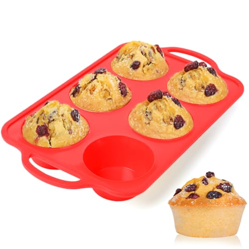Image of CAKETIME Large Muffin Pan Jumbo, Metal Reinforced Frame 3.5 Inch Large Silicone Cupcake Pan 6 Cup Jumbo Muffin Tin for Baking Easy to Handle