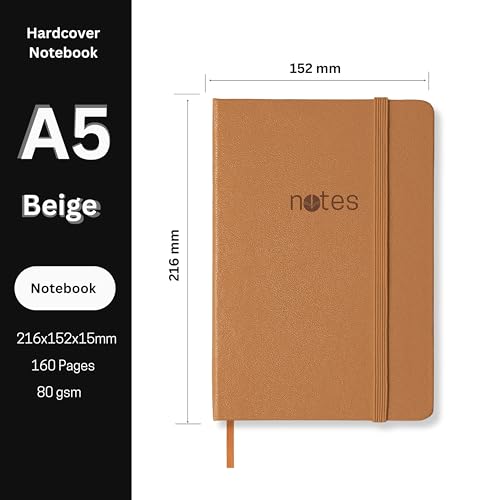 Creavvee® A5 Soft Touch Notebook 160 pages hardcover Lined paper, Elastic Closure & Ribbon Page Marker Beige - Image 4