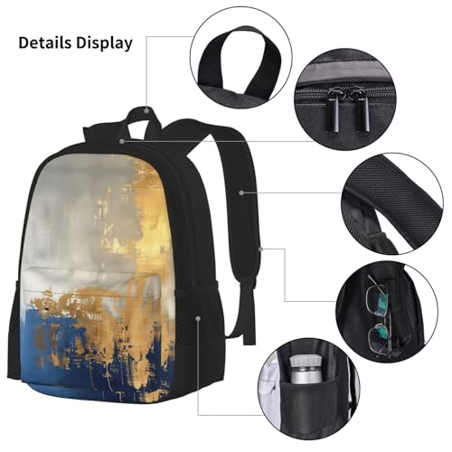 Gold Blue White Print 3 Piece Backpack Set, Laptop Daypack, Lightweight Bookbag Set With Lunch Bag Pencil Case4