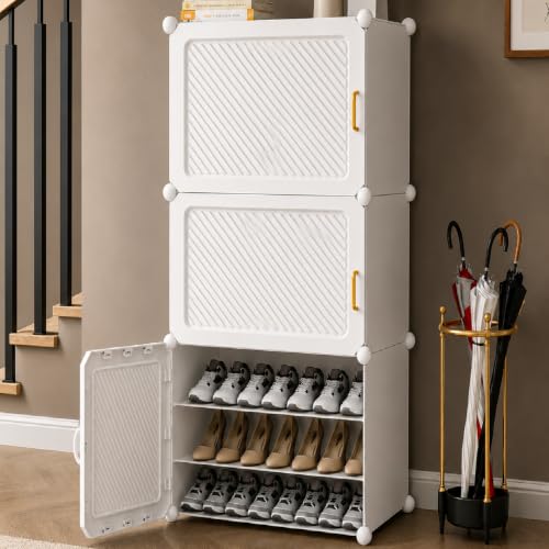 Image of Exvito Plastic Shoe Rack for Home with Door, 3-Door Shoe Storage Cabinet | 9-Shelfs for 18 Pairs | Waterproof & Portable DIY Shoe Slipper & Chappal Stand for Entryway /Bedroom - HV1 9