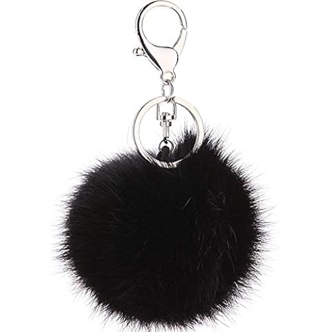 YiyiLai Keyrings Rabbit Fur Pearl Rhinestone Pompom Keychain Bag Pendant Black Cover