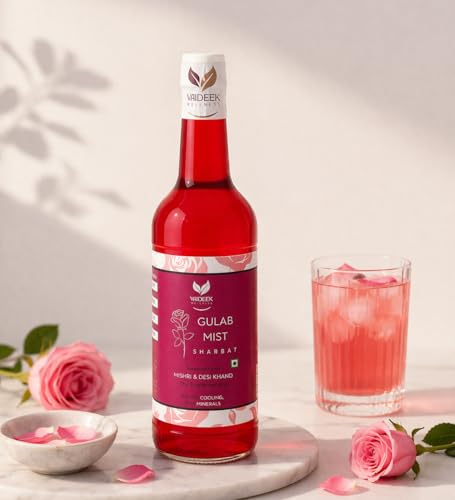 Image of Vaideek Gulab Mist Sharbat 750ml | Rose Syrup Drink with Mishri & Desi Khand | No Refined Sugar Summer Beverage | Citrus Sharbat for Mocktails, Coolers & Refreshing Drinks