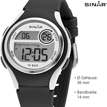 SINAR Jungen-Armbanduhr Jugenduhr Sportuhr Outdoor Digital Quarz 10 bar mit Silikonband und Licht Schwarz Grün XE-64-3