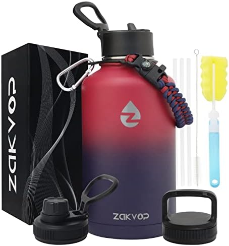 ZAKVOP 2L Insulated Water Bottle with Straws&3 Lids, Stainless Steel Water Bottle with Paracord Handle, 2 Litre Water Bottle Metal with Bottle Brushes for Gym, Hiking, Camping
