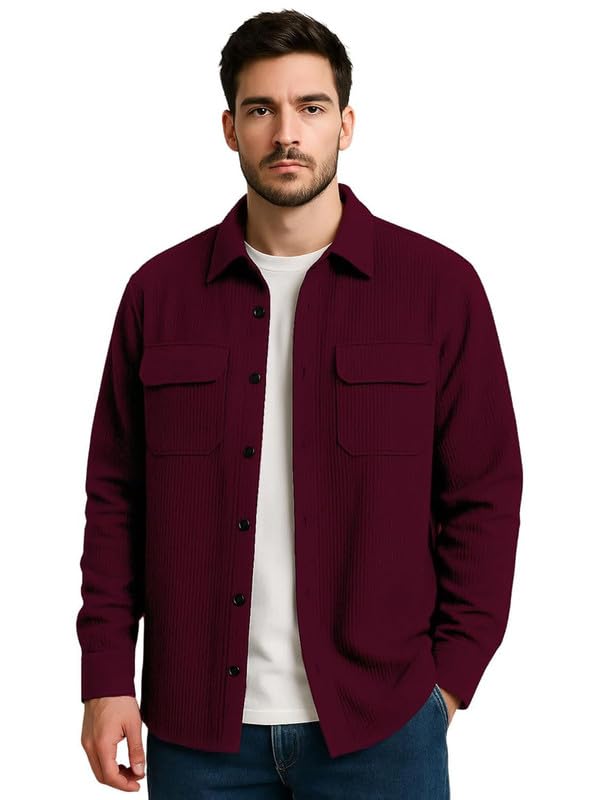 Image of DEELMO Men's Full Sleeve Corduroy Shirt | Stylish Textured Casual Button-Down Shacket for Autumn Winter | Dual Pocket Front Design | Ideal for Layering and Daily Outfits