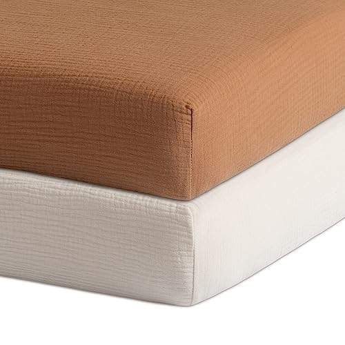 Image of Meracorallo Muslin Fitted Crib Sheets, 2 Pack Soft Breathable Cotton Baby Crib Sheet, Neutral Crib Sheet for Baby Boys and Girls, Fits Standard Crib Mattress 28''x52'' (Camel & Fog)