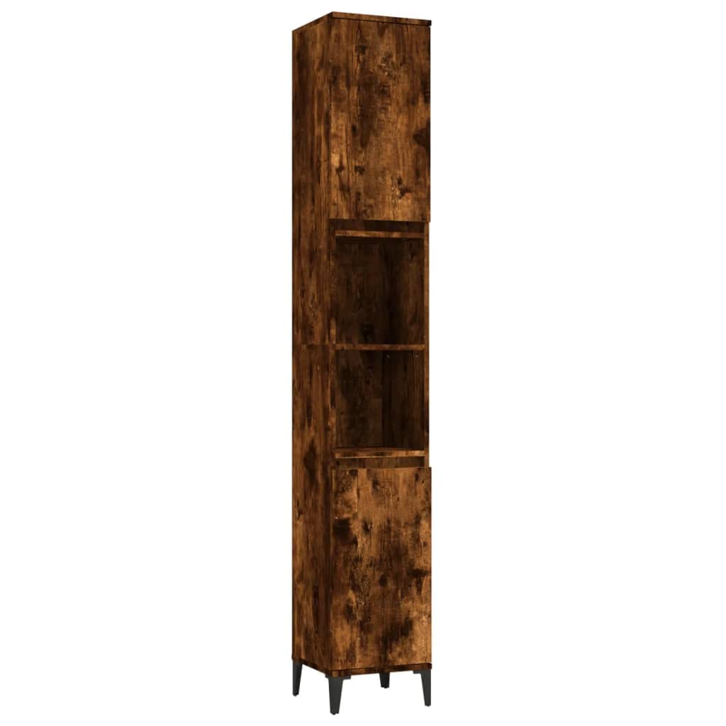 3-TLG. Badmöbel-Set Räuchereiche Badschrank Metallfüße, Badezimmer Unterschrank Hochschrank Midischrank, Badezimmermöbel Holzwerkstoff