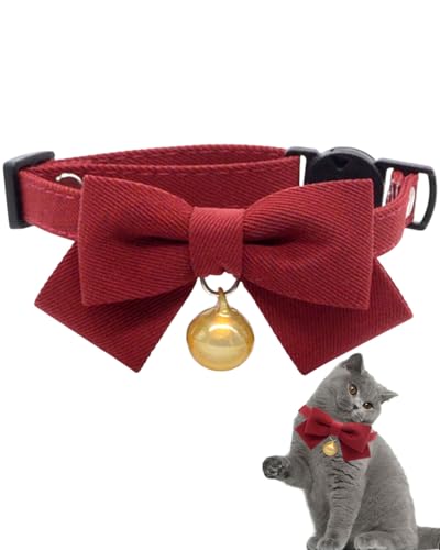 LEEQ Katzenhalsband mit Fliege und Glöckchen, Rot Köper Katzenhalsband mit Schnellverschluss, Verstellbares Einfarbiges Set für Kätzchen und...